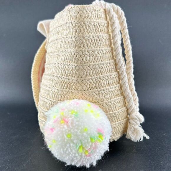 1) MeriMeri Straw Bunny Purse Cotton Lining Draw Sting Closure12"L x 6.5"H x 5"W - Picture 2 of 9
